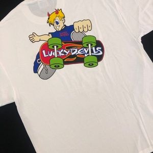 Lucky Devils "Devil Skateboarder on white short sleeve t-shirt"